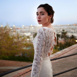 Modest lace open back wedding dress, buttoned long sleeve, minimalist gown with train, bohemian simple dress, romantic unique bride