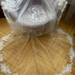 Embroidered Virgin Mary Veil, Lace Edging Personalized Embroidery