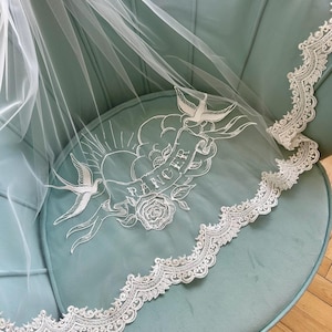 Custom Embroidered Images Wedding Veil: Monogrammed Bridal Plain Edge Lace Edge