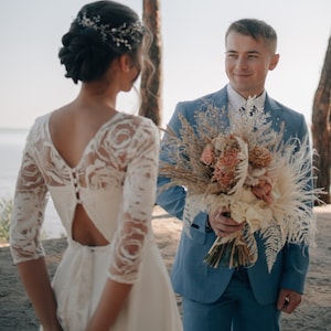 Modest wedding dress V/ round neckline, long/3/4 sleeves and  open back, romantic lace gown, simple, rustic bespoke wedding gown