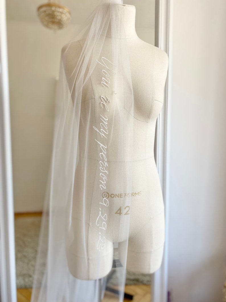 Custom personalized wedding veil with embroidered phrases, picture, initials, Cathedral, chapel, royal blusher bridal veil Bespoke Monogram image 2