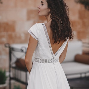 Simple wedding dress V neckline, stylish open back bridal gown for whimsical boho wedding with short sleeve and chiffon skirt, elope dress