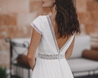 Bohemian Open Back Wedding Dress: Macrame Lace, V-Neck, Chiffon A-line Bridal Gown The Earth