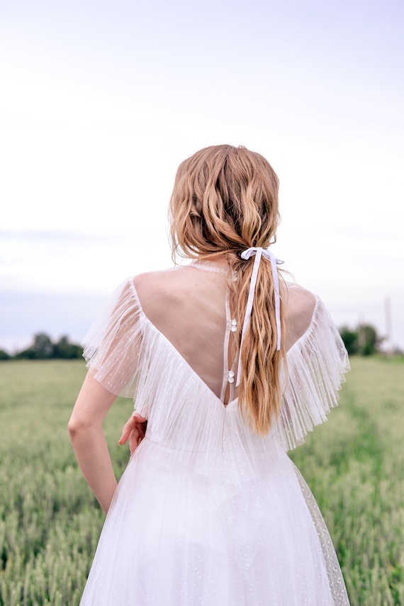 Whimsical Tulle Wedding Dress: Closed Back, Bohemian Ruffles, Sleeveless Elopement Gown