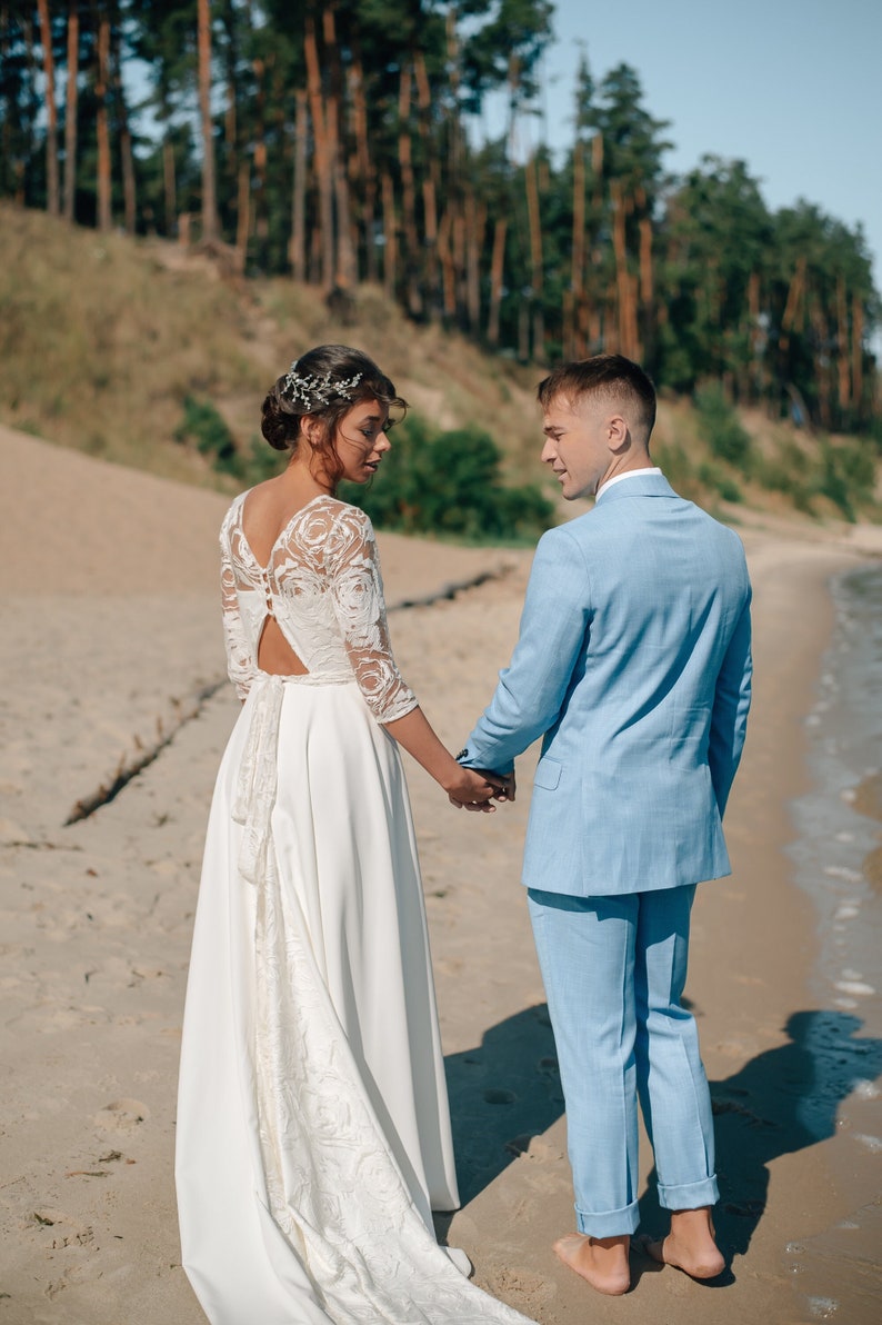 Open back lace wedding dress, V neckline, long sleeve, unique boho style, modest and simple gown for classic, winter, minimalist wedding image 1