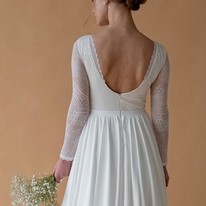 Iconic open back wedding dress, simple lace gown, long sleeve, modest boat neckline, A-line boho skirt, minimalist elopement  wedding