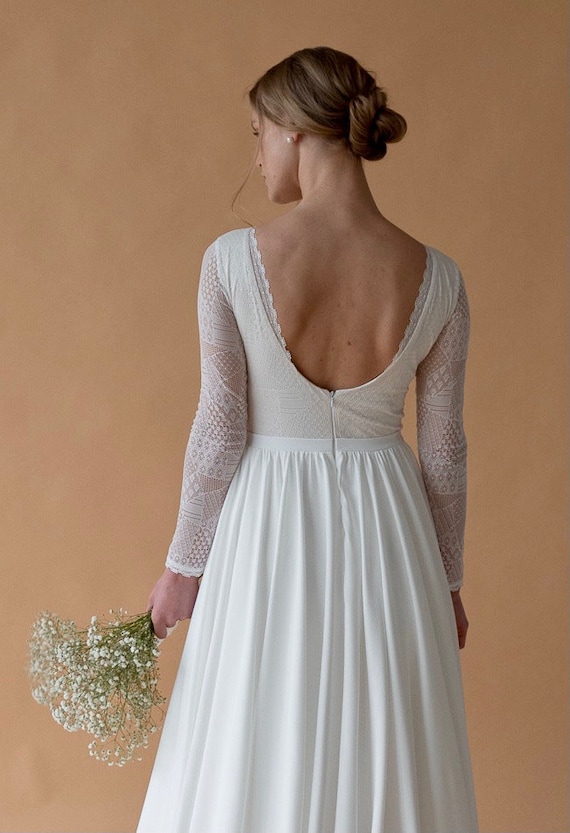 long sleeve elopement dress with sleeves Lace Open Back Wedding Dress: Long Sleeve, A-line Boho Elopement Gown Bohemian Story