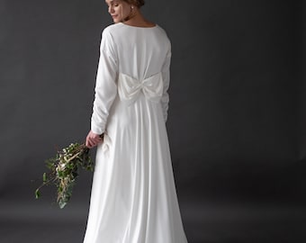 Modest bohemian wedding dress closed back, V neck, whimsical long sleeve, minimalist A-line skirt with train,  elopement casual wedding