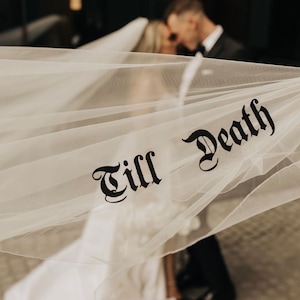 Bespoke black color wedding veil with embroidered words, initials, cathedral/chapel length, lace/ribbon edged. custom gothic TILL DEATH veil image 5