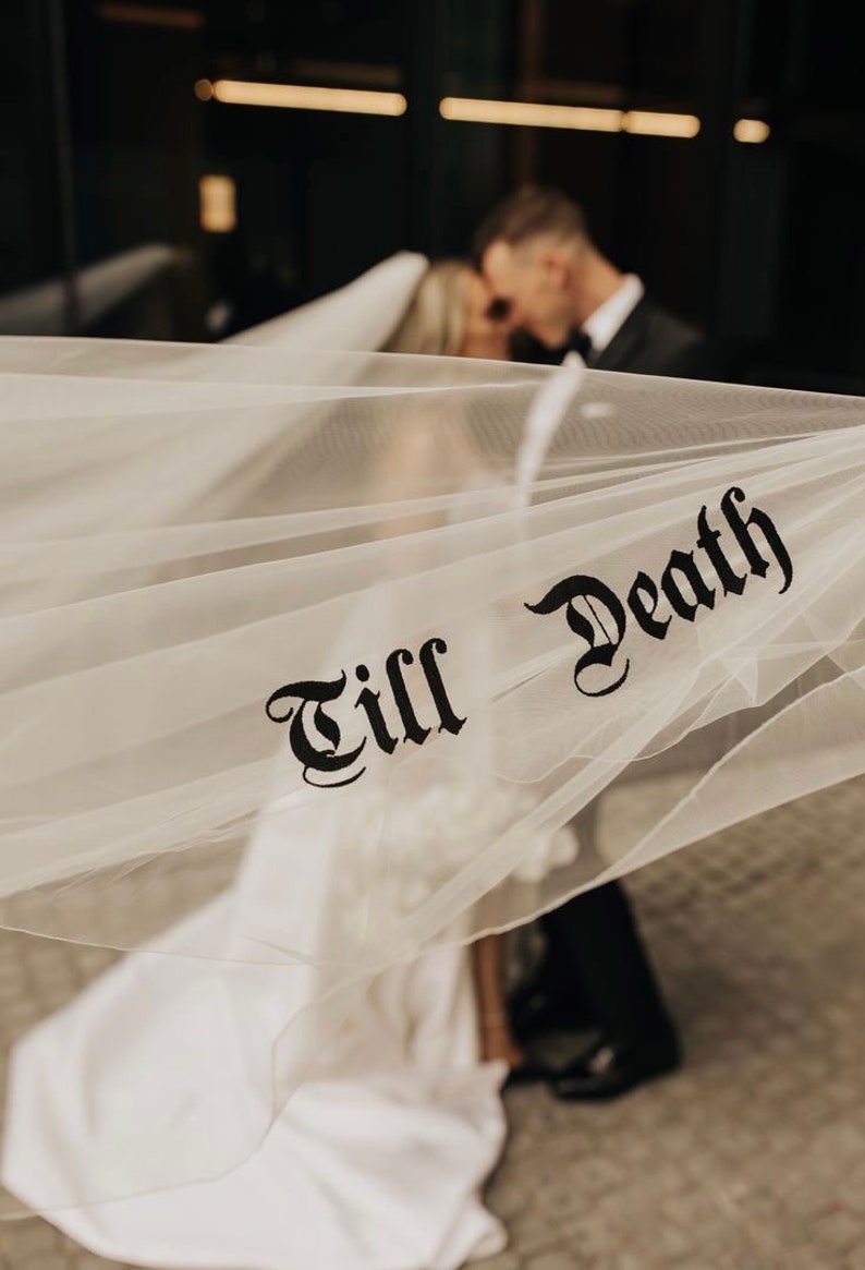 Bespoke black color wedding veil with embroidered words, initials, cathedral/chapel length, lace/ribbon edged. custom gothic TILL DEATH veil image 5