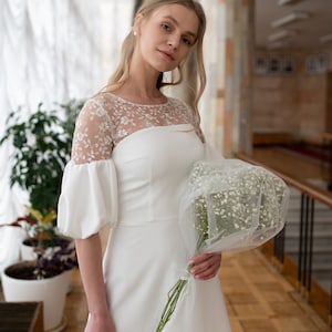 Short civil wedding dress, minimalist style, simple lace midi gown, original sleeves, modest closed back, romantic mini wedding dress