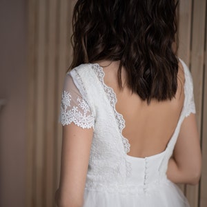 Unique lace open back wedding dress, simple modest bohemian gown, V neck, airy tulle skirt, cap sleeves gown, elopement wedding dress
