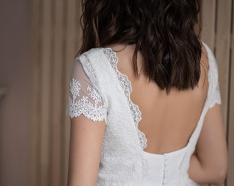 Unique lace open back wedding dress, simple modest bohemian gown, V neck, airy tulle skirt, cap sleeves gown, elopement wedding dress