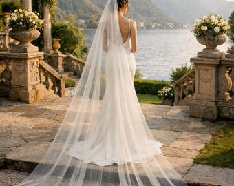 May include: A bride in a white wedding dress with a long veil stands on a stone patio overlooking a lake and mountains. The dress has a low back and a long train. The veil flows behind her. Decorative stone planters with white flowers are on either side.