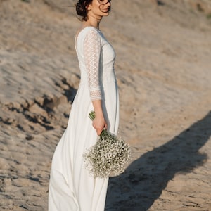 Minimalist bohemian wedding dress with long sleeve, modest boat neckline, macrame open back, rustic simple bridal dress