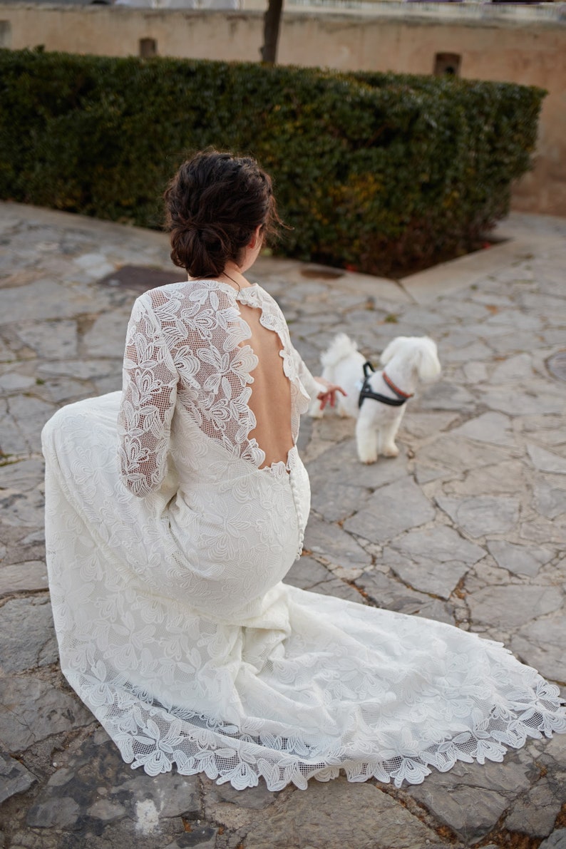 Bohemian minimalistic wedding dress, open back gown, long sleeve, boat neckline bridal dress, modest, simple macrame, rustic elopement gown image 7