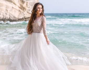 Soft grey lace wedding gown Freedom / Embroidered ethereal wedding dress / New wedding collection 2018