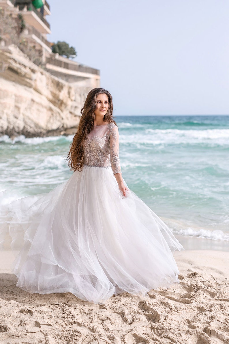 Grey Wedding Dress Long Sleeve Wedding Gown Freedom Etsy
