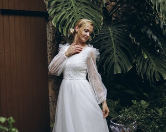 Simple boho wedding dress, long airy sleeve, white macrame, modest tulle skirt and square neckline for minimalist rustic and romantic bride