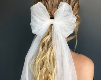 Sale, Fashion wedding bow veil, white hair bow, tulle bow veil, airy wedding bow, bridal separates, bride accessories, ivory veil, veil-bow