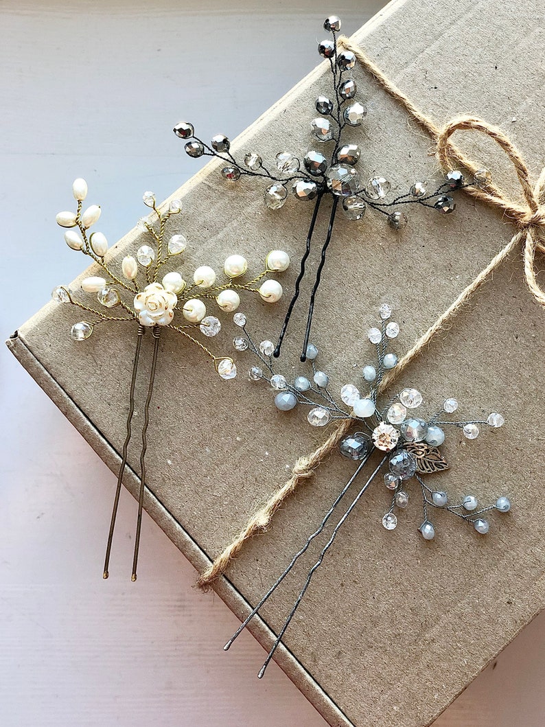 Bridal floral hair pins Wedding coloured hair pins Bridal crystal beads hair pins Bridal hair accessories Bridal white pearl hair pins