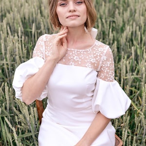 Lace mini civil wedding dress, simple modest bridal gown, closed back, casual minimalist style, second wedding dress