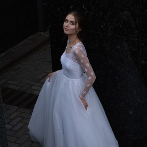 Elegance classic lace wedding dress, unique closed back, long sleeve, square neck, romantic tulle skirt princess, queen elopement wedding