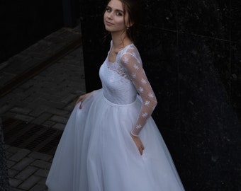 Elegance classic lace wedding dress, unique closed back, long sleeve, square neck, romantic tulle skirt princess, queen elopement wedding