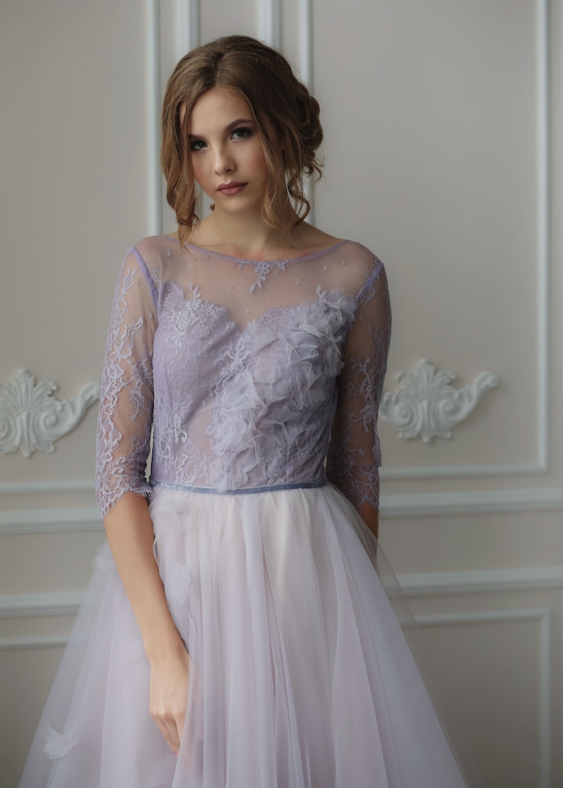 Whimsical color lace wedding dress, bohemian open back, boat neck, elopement tulle skirt, romantic wedding gown with long sleeves image 2