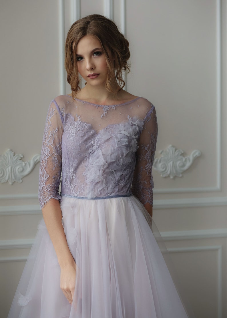 Whimsical color lace wedding dress, bohemian open back, boat neck, elopement tulle skirt, romantic wedding gown with long sleeves image 2