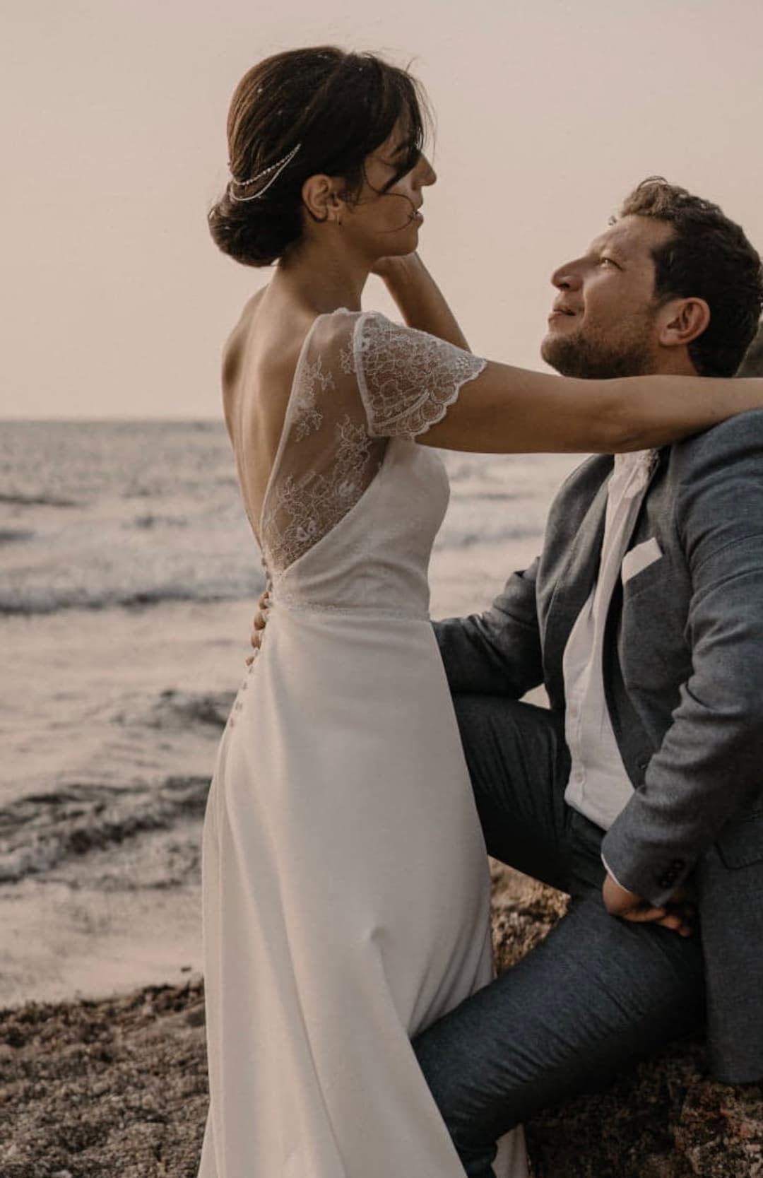 Open Back Portrait A-line Lace Outdoor Wedding Dress with Lavender Sash