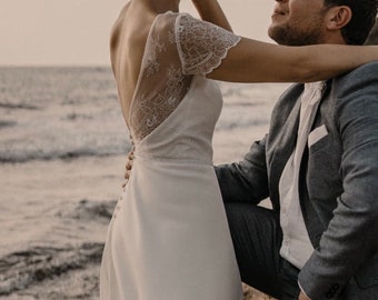 Bespoke Lace Wedding Dress: Open Back, Short Sleeve, A-Line Skirt