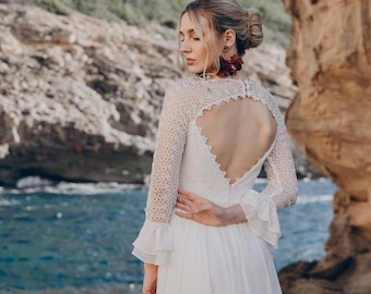 Unique open back wedding dress, simple V neckline, long sleeves, lace bohemian gown, chiffon skirt, modest bridal gown, minimalist wedding