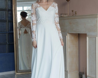 Simple and elegance lace wedding dress, long sleeve, deep V-neckline and unique button open back, classic wedding, minimalistic bridal gown