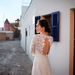 Bohemian minimalistic wedding dress, open back gown, long sleeve, boat neckline bridal dress, modest, simple macrame, rustic elopement gown image 5