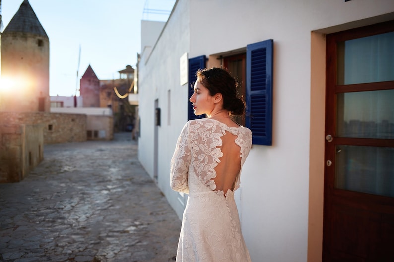 Bohemian minimalistic wedding dress, open back gown, long sleeve, boat neckline bridal dress, modest, simple macrame, rustic elopement gown image 5