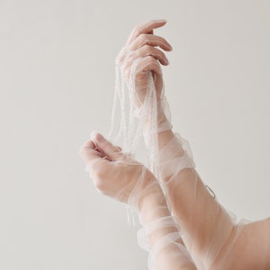 Bridal Gloves, Sheer Plain soft tulle wedding gloves, Elbow Length Tulle Gloves, Fingerless Gloves of opera length, Embroidered custom Glove