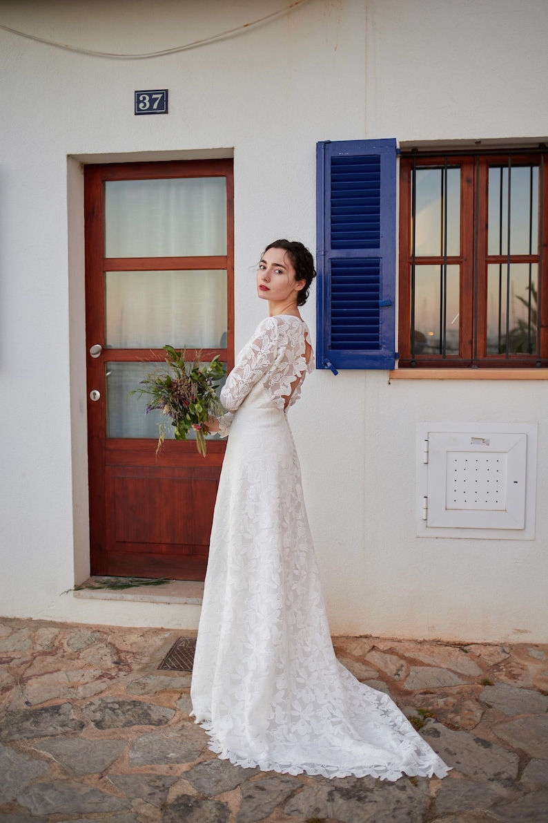 Bohemian minimalistic wedding dress, open back gown, long sleeve, boat neckline bridal dress, modest, simple macrame, rustic elopement gown image 2