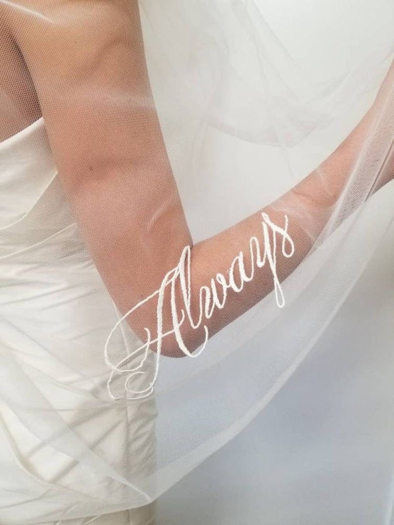 Custom personalized wedding veil with embroidered phrases, picture, initials, Cathedral, chapel, royal blusher bridal veil Bespoke Monogram image 7
