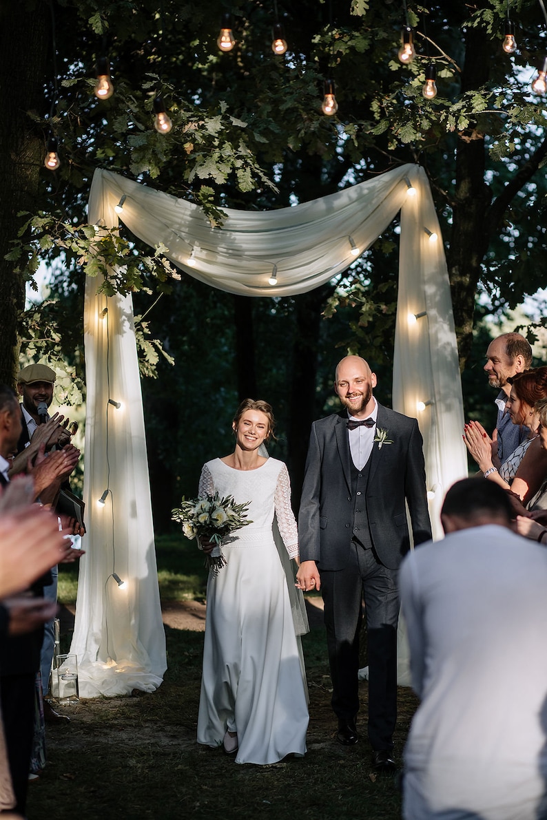 Bohemian simple wedding dress macrame, deep V open buttoned back, original 3/4 long sleeve, minimalist boat neckline, rustic modest bride image 8