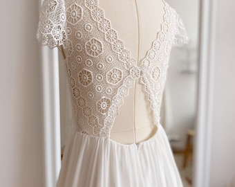 Bohemian Macrame Lace Wedding Gown: Open Back, Short Sleeve Joy To Be