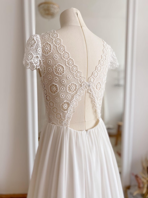 Bohemian Macrame Lace Wedding Gown: Open Back, Short Sleeve Joy To Be Bohemian Macrame Lace Wedding Gown: Open Back, Short Sleeve Joy To Be