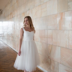 Romantic midi wedding dress, sweethearts corset, tulle skirt, minimalist sleeveless civil gown, for bohemian simple and casual wedding