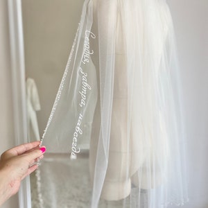 Custom Pearls, beads wedding veil, personalized embroidered phrases, words, letters, cathedral blusher tulle veil, bespoke crystal veil image 4