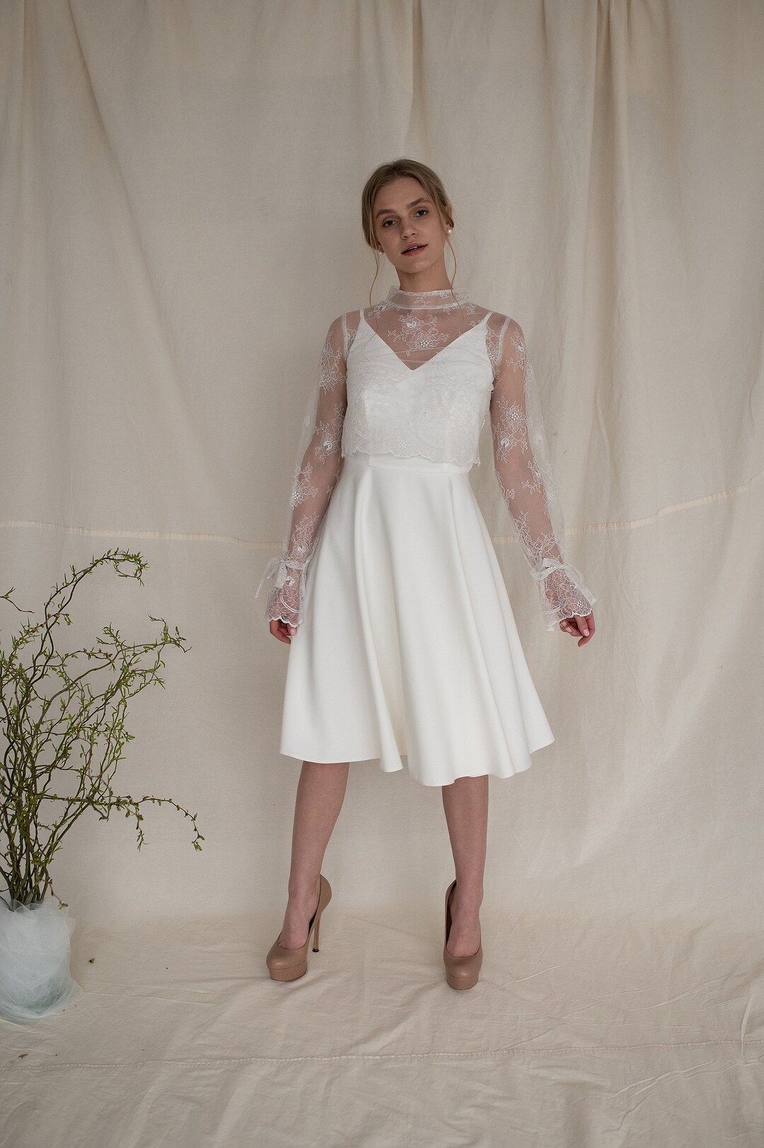 Modest Civil Midi Wedding Dress Lace Top Long Sleeve A-line - Etsy