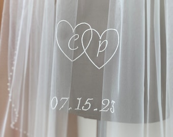 Bespoke wedding veil with pearls edged, embroidered hearts, phrases, words, initials, Custom blusher bridal veil, Cathedral long pearl veil