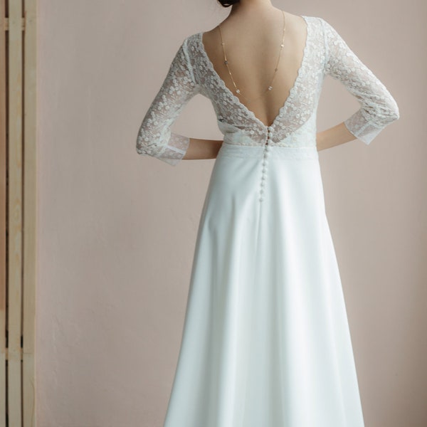 Modest wedding dress bohemian style, low open back, high neck, color simple lace, long sleeves, rustic  elopement gown for unique bride