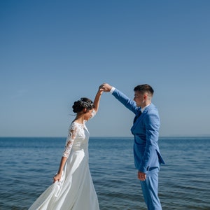 Open back lace wedding dress, V neckline, long sleeve, unique boho style, modest and simple gown for classic, winter, minimalist wedding image 2