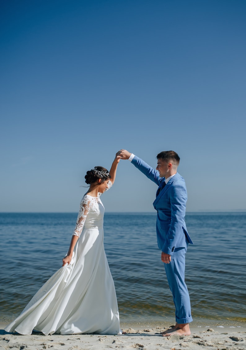 Open back lace wedding dress, V neckline, long sleeve, unique boho style, modest and simple gown for classic, winter, minimalist wedding image 2