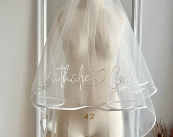 Bespoke personalized wedding veil, embroidered phrases, words, initials, blusher soft tulle veil. Lace, ribbon edges, bridal cathedral veil